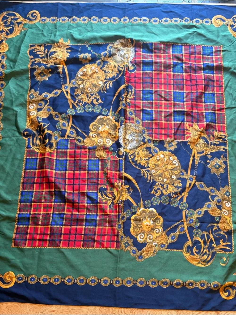 Luxury Patterned polyester women’s scarf. Plaid in Green, Navy ornate.